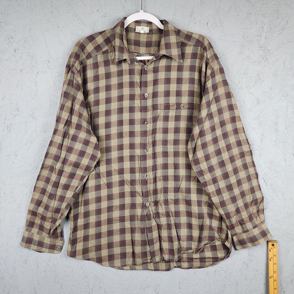 Vintage Zanella Shirt Mens Large Brown Beige Plaid Button Long Sleeve Italy 90s